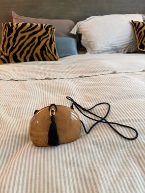 Timmy Woods Tan Wood Crossbody with Black Tassel